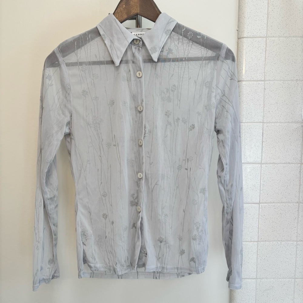 Vintage Sheer Floral Top Size L Button Down Gray Whimsical Ethereal Glitter